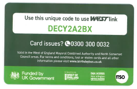 Back of a birthday bus pass showing code 1