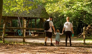 Family walking in woods